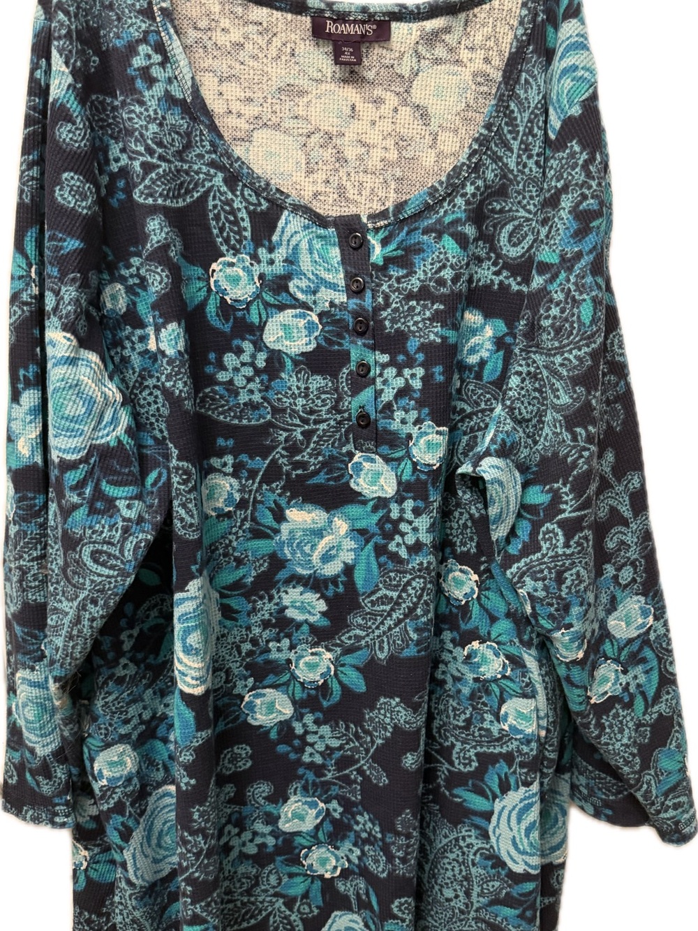 Roaman's Teal and Black Floral Henley Top Size 4X